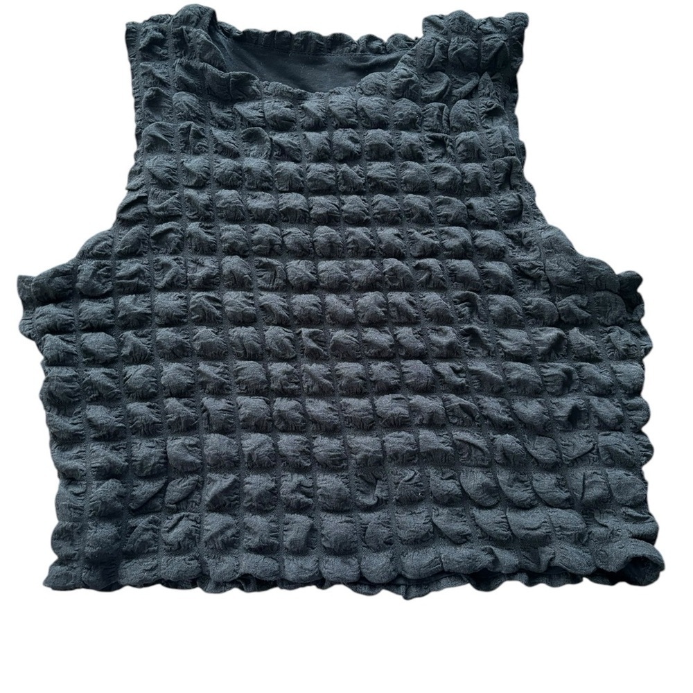NWT Chrii Black Popcorn Cropped Tank Going Out Stretchy Textured Top Size XL - Picture 2 of 5
